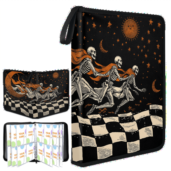 Trading Card Binder,Skeleton Men Collectible Trading Card Albums Fits 400 Cards with 50 Removable Sleeves,Game Card Case Book with Zipper Carrying Rope