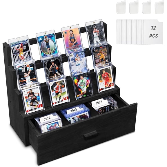 Trading Card Display, 3-Tier Card Display Case with Custom Drawer, Wood Graded Card Display with Card Supporters and Dividers, Sports Card Display Case for Card Game Collection (Black)