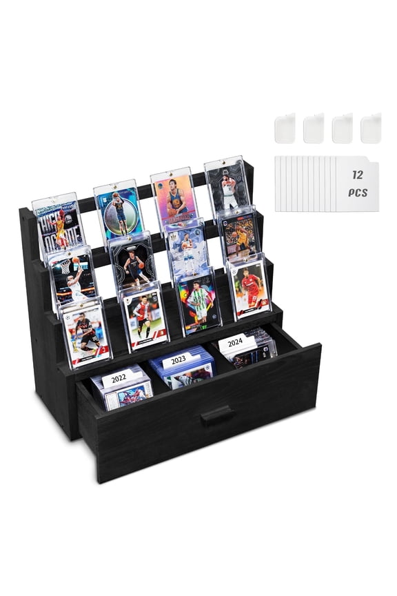 Trading Card Display, 3-Tier Trading Card Storage with Custom Drawer, Wood Graded Card Display with Card Supporters and Dividers, Sports Card Display Case for Card Game Collection (Black)