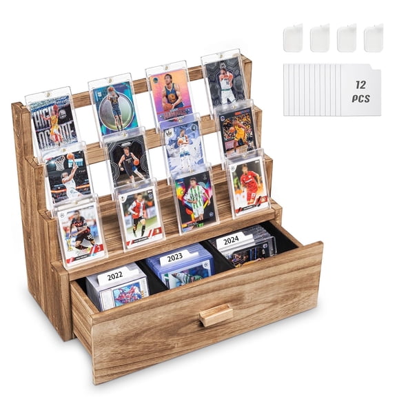 Trading Card Display, 3-Tier Trading Card Storage with Custom Drawer, Wood Graded Card Display with Card Supporters and Dividers, Sports Card Display Case for Card Game Collection (Brown)