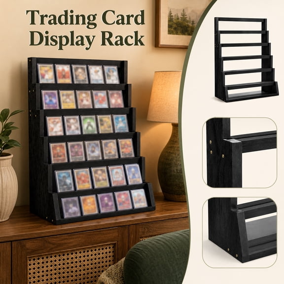 Trading Card Display Rack, 6-Tier Wooden Display Stand, Tabletop Tiered Display Shelf, Black Wood Stand for Collectible Cards, 24X18X2 Inch Countertop Holder for Sports Cards,