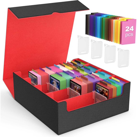 Trading Card Storage Box, 3000+ MTG Deck Box with 24 Colorful Dividers & 4 Card Supporters, Commander Card Deck Case Fits for Magic Game Cards, YugiOh, TCG, PTG and Sport Cards, Black Red