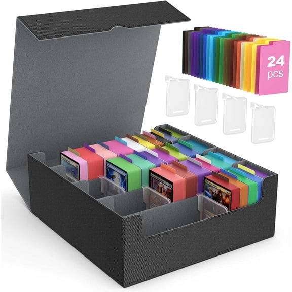 Trading Card Storage Box, 3000+ MTG Deck Box with 24 Colorful Dividers & 4 Card Supporters, Commander Card Deck Case Fits for Magic Game Cards, YugiOh, TCG, PTG and Sport Cards, Black Grey