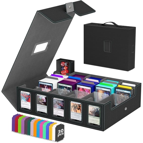 Trading Card Storage Box , 5-Row Card Case with Commander Display & Portable Handle, 4200+ MTG Deck Box Compatible for MTG/TCG/Magic Cards, 30 Colorful Divider, 8 Card Supporters (Black & Grey)