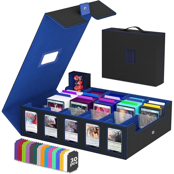Trading Card Storage Box, 5 Row Card Deck Case with Commander Display & Portable Handle, 4200+ Card Deck Boxes Compatible for MTG TCG Magic Cards, 30 Divider, 8 Supporters, 1 Dice Tray (Black & Blue)
