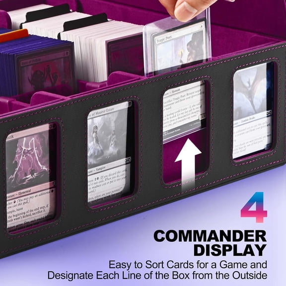 Trading Card Storage Box with Commander Display; 2400+ Deck Box for MTG with Removable Cover; Top Loaders Card Case fits Magic TCG PTCG Sports Cards; 24 Dividers, 4 Stoppers (Black, Purple)