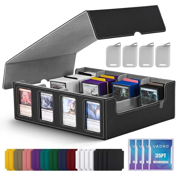Trading Card Storage Box with Commander Display; 2400+ Deck Box for MTG with Removable Cover; Top Loaders Card Case fits Magic TCG PTCG Sports Cards; 24 Dividers, 4 Stoppers (Black, Grey)
