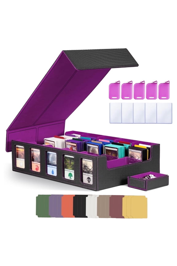 Trading Card Storage Box with Commander Display , 5-Row Deck Case with Removable Lid; 3900+ Card Deck Box for MTG TCG Sports Card, 5 Toploaders, 5 Stoppers, 24 Dividers,1 Dice Tray (Purple)