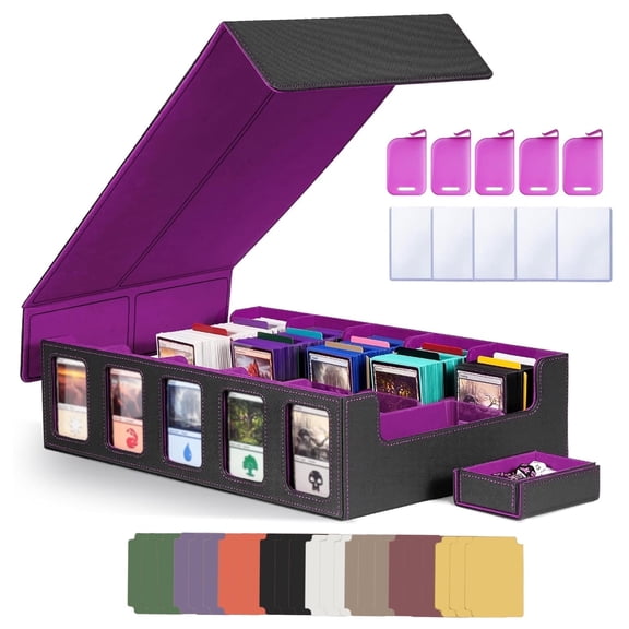 TERRALYX Trading Card Storage Box with Commander Display , 5-Row Deck Case with Removable Lid; 3900+ Card Deck Box for MTG TCG Sports Card, 5 Toploaders, 5 Stoppers, 24 Dividers,1 Dice Tray (Purple)
