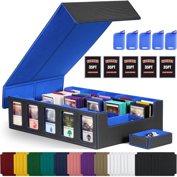 Trading Card Storage Box with Commander Display, 5-Row Deck Case with Removable Lid; 3900+ Card Deck Box for MTG TCG Sports Cards, 5 Top Loaders, 5 Stoppers, 48 Dividers,1 Dice Tray