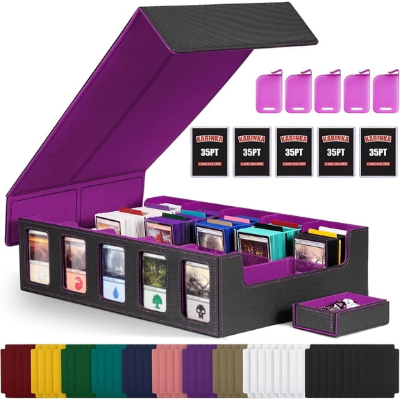 Trading Card Storage Box with Commander Display, 5-Row Deck Case with Removable Lid; 3900  Card Deck Box for MTG TCG Sports Cards, 5 Top Loaders, 5 Stoppers, 48 Dividers,1 Dice Tray