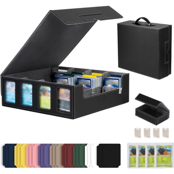 Trading Card Storage Box with Commander Display, 5-Row Deck Case with Removable Lid & Handle, 3000+ Card Organizer with 24 Colorful Dividers & 4 Stoppers for MTG, Black & Grey