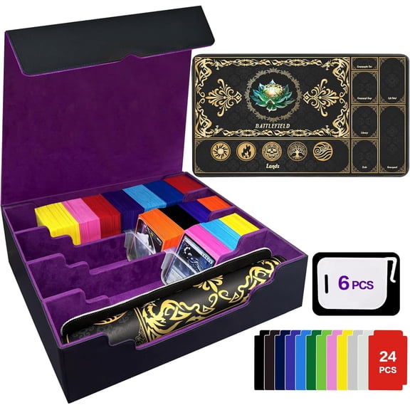 Trading Card Storage Box Fits 4000+ Cards, 4-Row MTG Commander Deck Case with Playmat, 6 Movable Partitions 24 Dividers PU Leather Magnetic Closure, Magic/TCG/YuGiOh/Sport (Black&Purple)