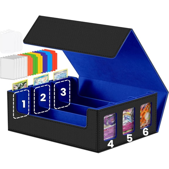 Trading Cards Storage Box - 6-Window Display 2400+ TCG Commander Deck Case PKM with 6 Card Holders for Magic the Gathering YuGiOh Sports MTG PTCG Black and Blue