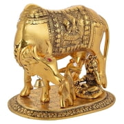 Trading Corporation Polyresin Hand Painted Kamdhenu Cow with Calf God Figure Golden