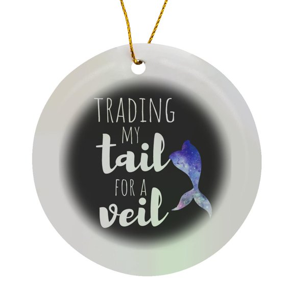 3drose, Trading My Tail for a Veil. White Lettering and Purple Mermaid Tail., Circle Porcelain Ornament