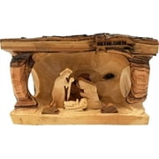 Trading Post Holy Land Olive Wood Christmas Nativity From Israel, Manger Grotto Scene With Baby Jesus, Mary, And Joseph, Hand Carved Wooden Log With , Made In Bethlehem - Large