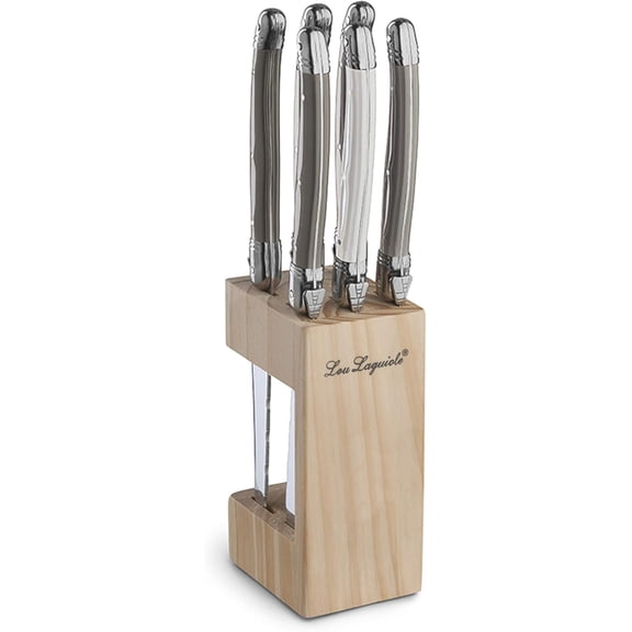Lou Laguiole Tradition Steak Knife Set Alloy Steel with Wooden Block 6 Piece Multi-Coloured