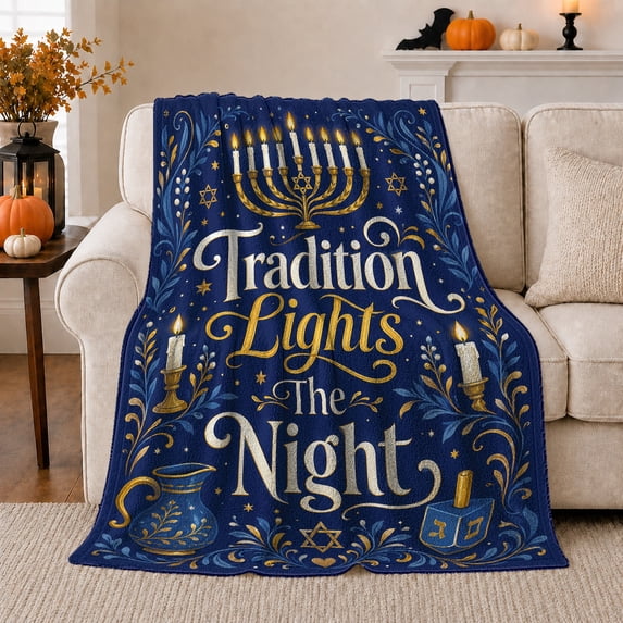 Tradition Lights the Night Quote with Menorah Candles and Dreidel, Classic Blue Gold Hanukkah Art, Ornate Leaf Motif Warm Flannel Blanket, Housewarming Gift for Living Room Home Decor