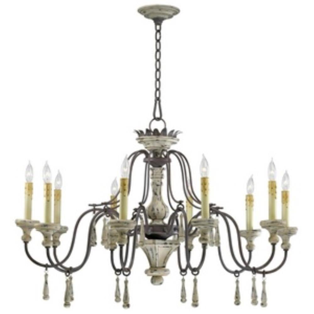 Antique Bronze and Distressed White 10-Light Candle Chandelier