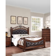 Traditional 1pc Bed Classic Brown Finish Queen Size Bed Posts Tufted Headboard Antique Carved Design Bedroom Furniture Wooden