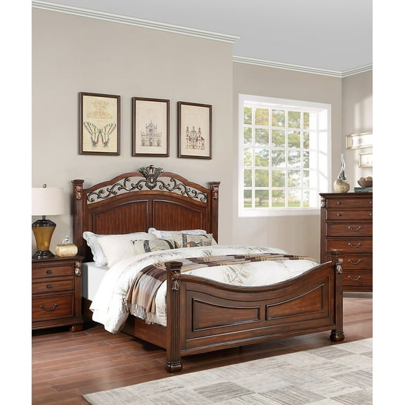 Traditional 1pc Bed Gorgeous Classic Brown Finish Cal King Size Bed Posts Floral Design Headboard Bedroom Furniture Footboard