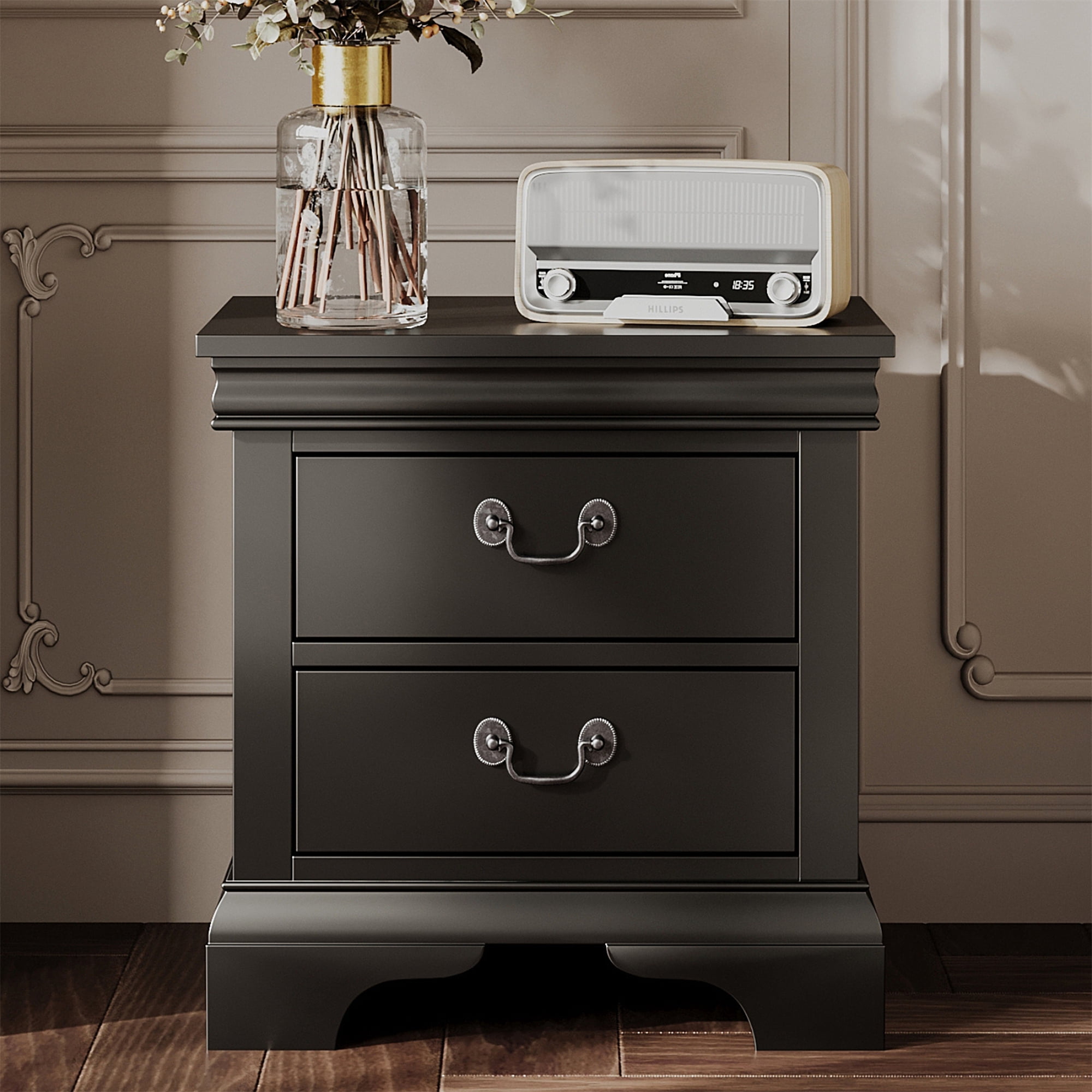 Traditional 2-Drawer Black Nightstand with Storage