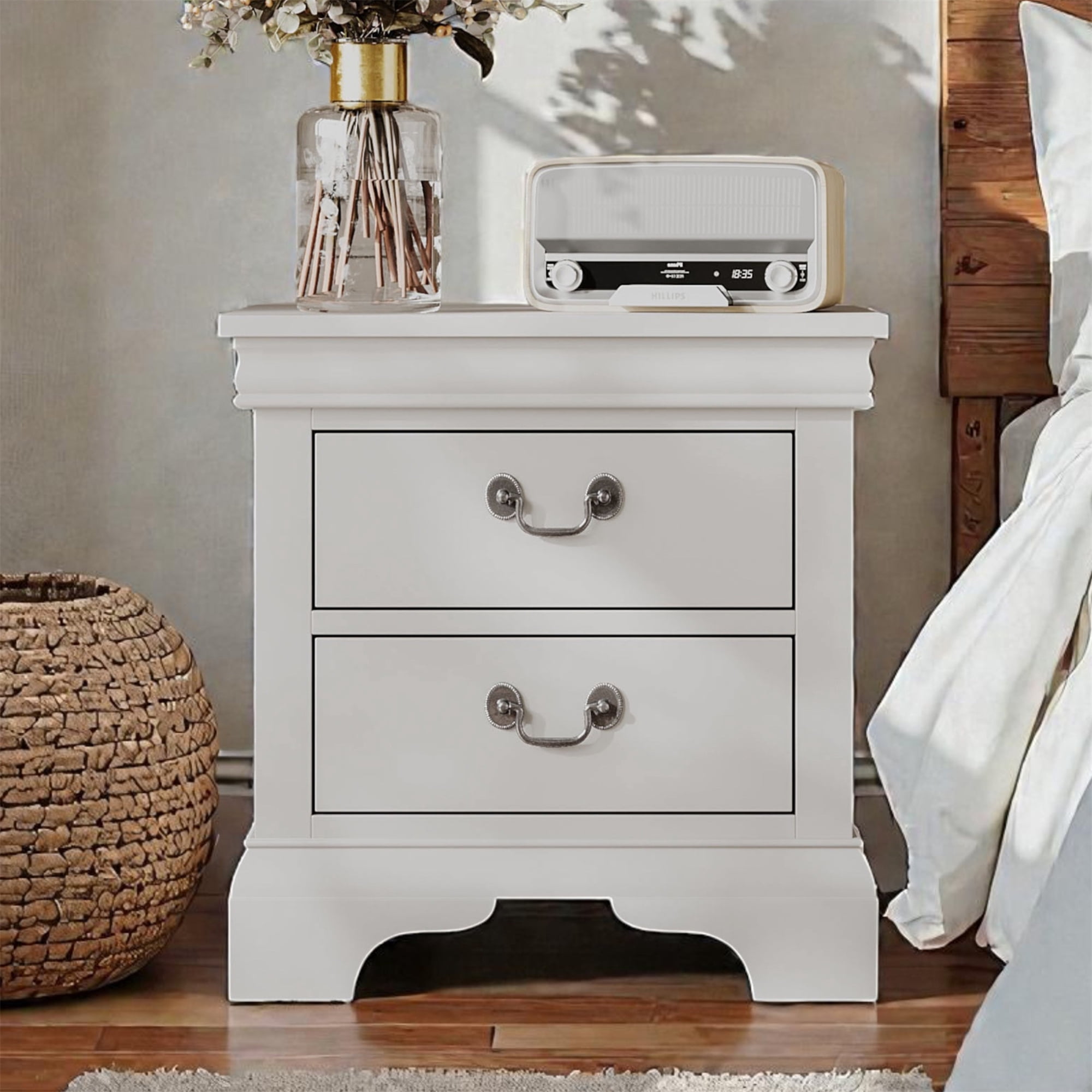 Traditional 2-Drawer White Nightstand with Storage