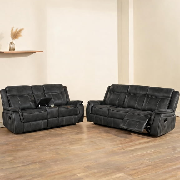 Traditional 2-Piece Reclining Sofa Set with Wall-Hugger Design, Charcoal Microfiber