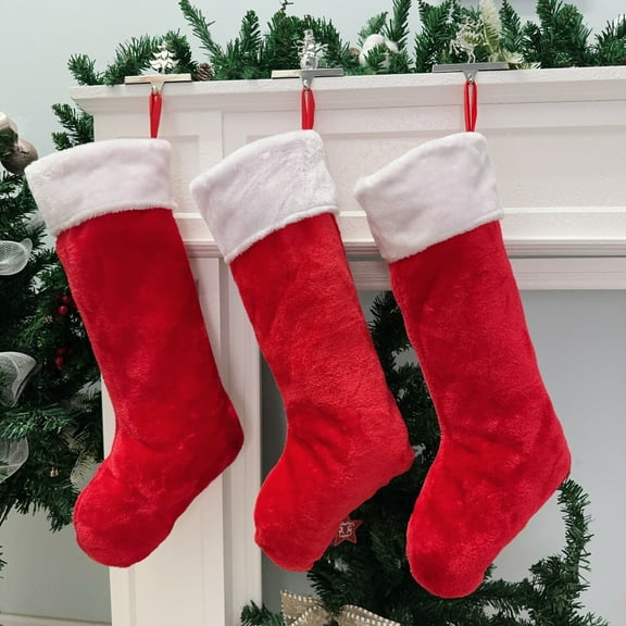 Traditional 22inch Plush Red Christmas Stockings,3Pack Deluxe Vintage Red White Christmas Stockings Hanging Ornaments Candy Gift Bags for Xmas Fireplace Holiday Decorations