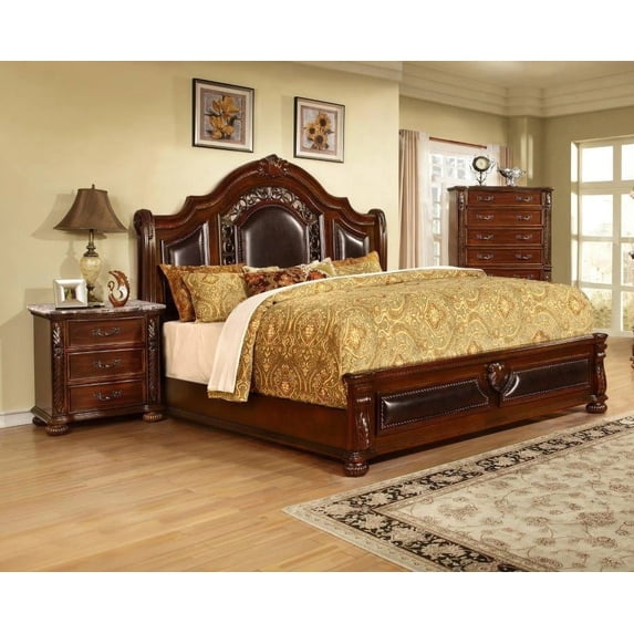 Traditional 2Pc Cal King Size Bedroom Set, Solid Wood Bed Frame and Nightstand, Cherry Finish