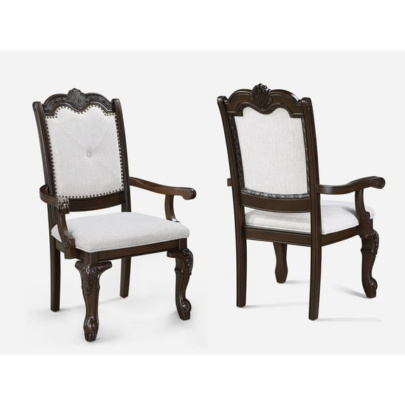 Traditional 2pc Coffee Brown Beige Upholstery Arm Chair Ornate Wood Carvings
