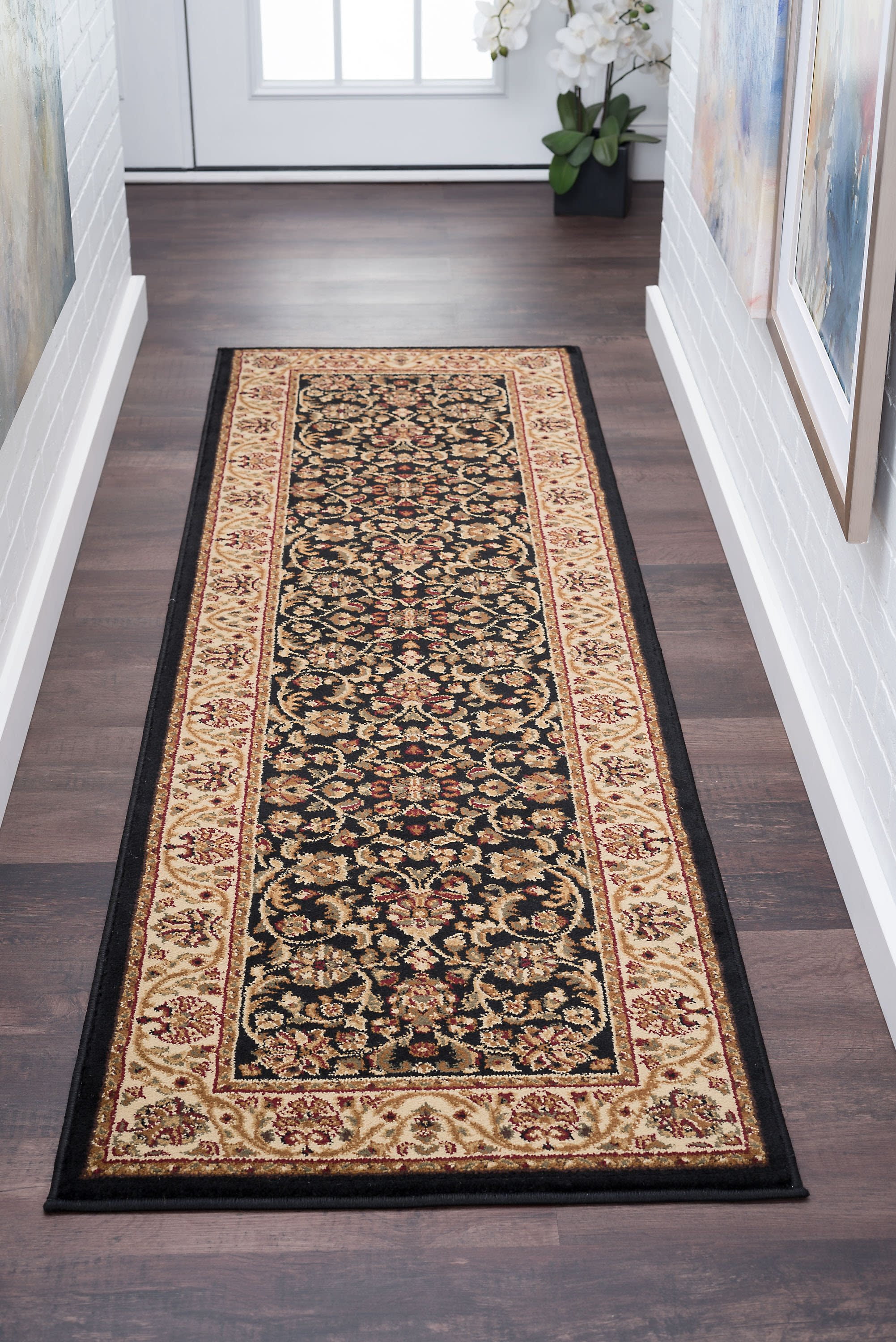 Traditional 2x10 Area Rug (2'3'' x 10') Border Black, Beige Indoor Runner Easy to Clean