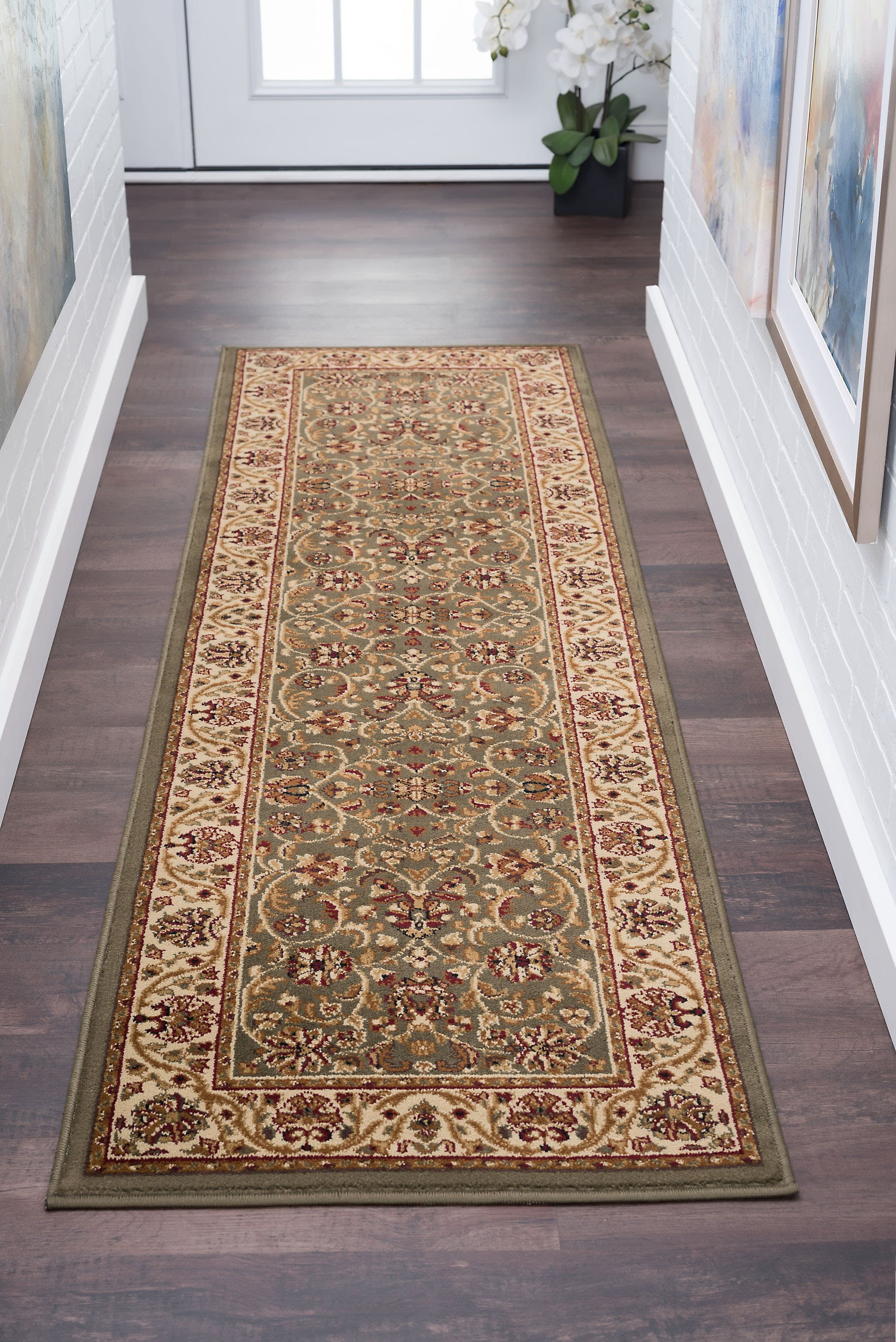 Traditional 2x10 Area Rug (2'3'' x 10') Border Green, Beige Indoor Runner Easy to Clean