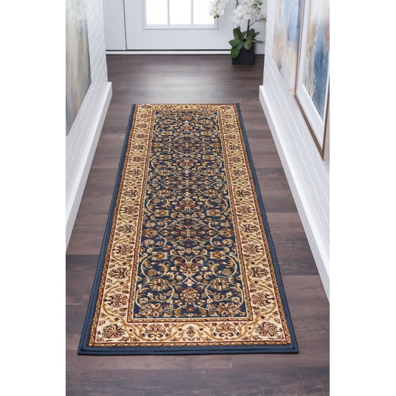 Traditional 2x10 Area Rug (2'3'' x 10') Border Navy, Beige Indoor Runner Easy to Clean