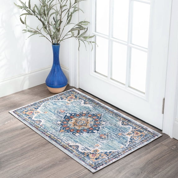 Traditional 2x3 Area Rug (2' x 3'4'') Medallion Navy, Aqua Indoor Scatter Easy to Clean