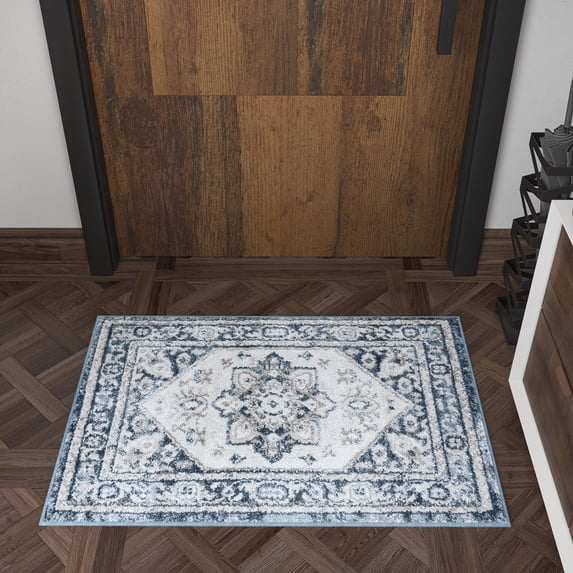 Traditional 2x3 Area Rug (2' x 3') Medallion Blue, White Indoor Scatter Easy to Clean
