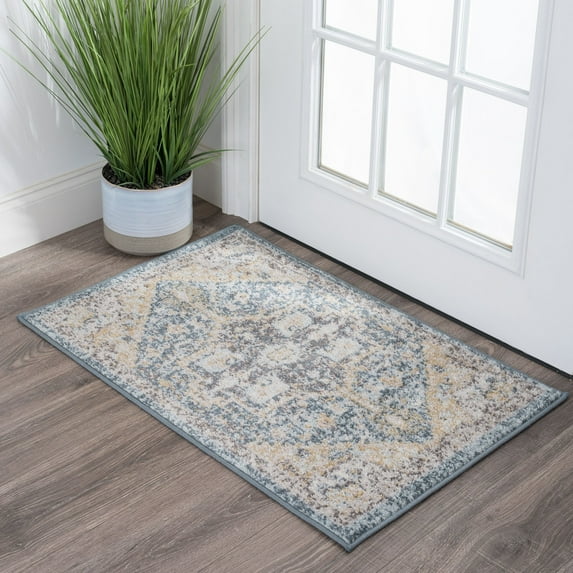 Traditional 2x3 Area Rug (2' x 3') Medallion Dark Blue, Cream Indoor Scatter Easy to Clean