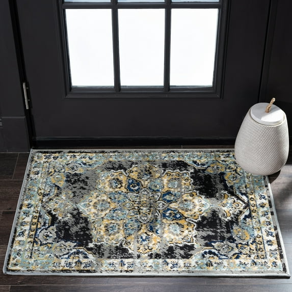 Traditional 2x3 Area Rug (2' x 3') Medallion Gray, Blue Indoor Scatter Easy to Clean