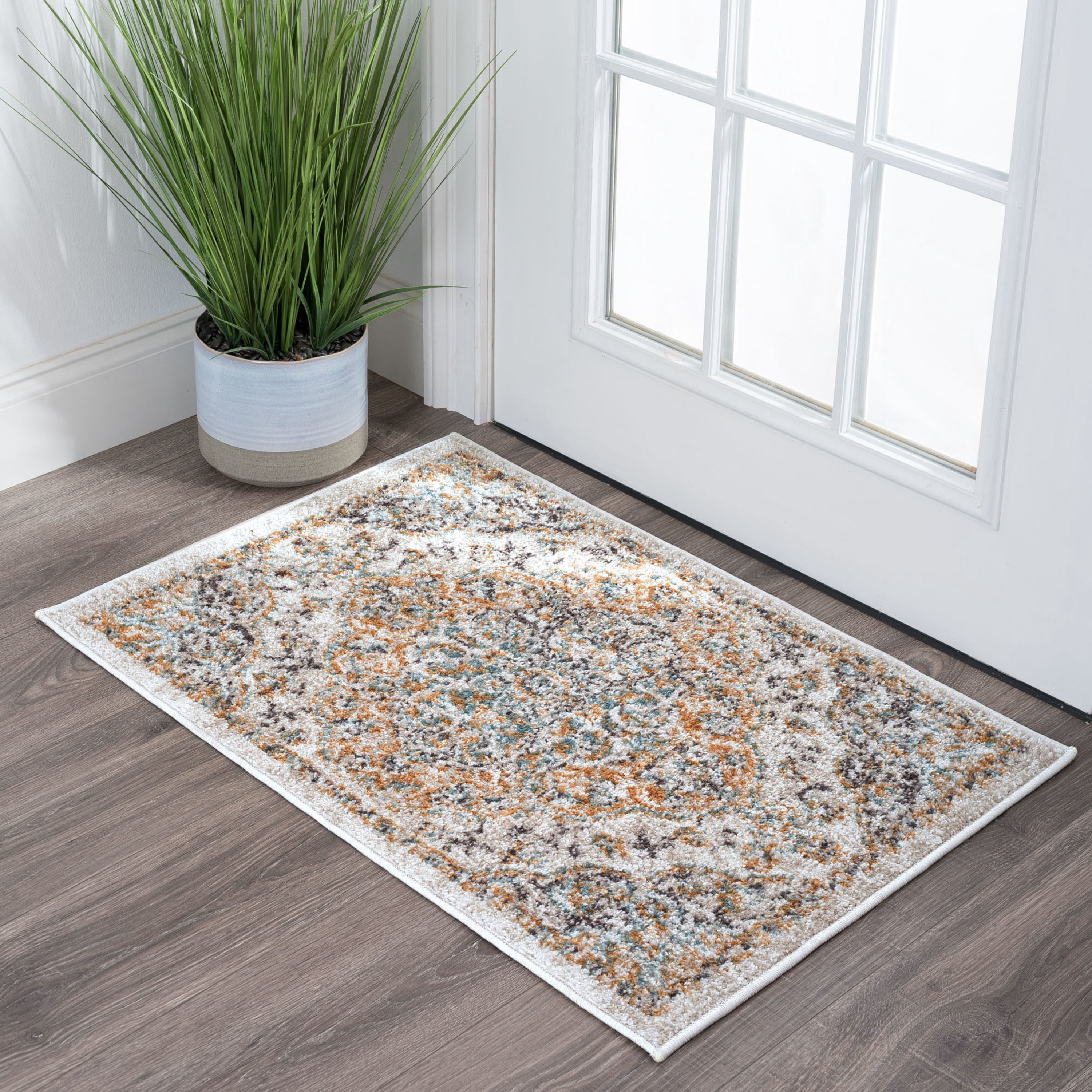 Traditional 2x3 Area Rug (2' x 3') Medallion Terra, Aqua Indoor Scatter Easy to Clean