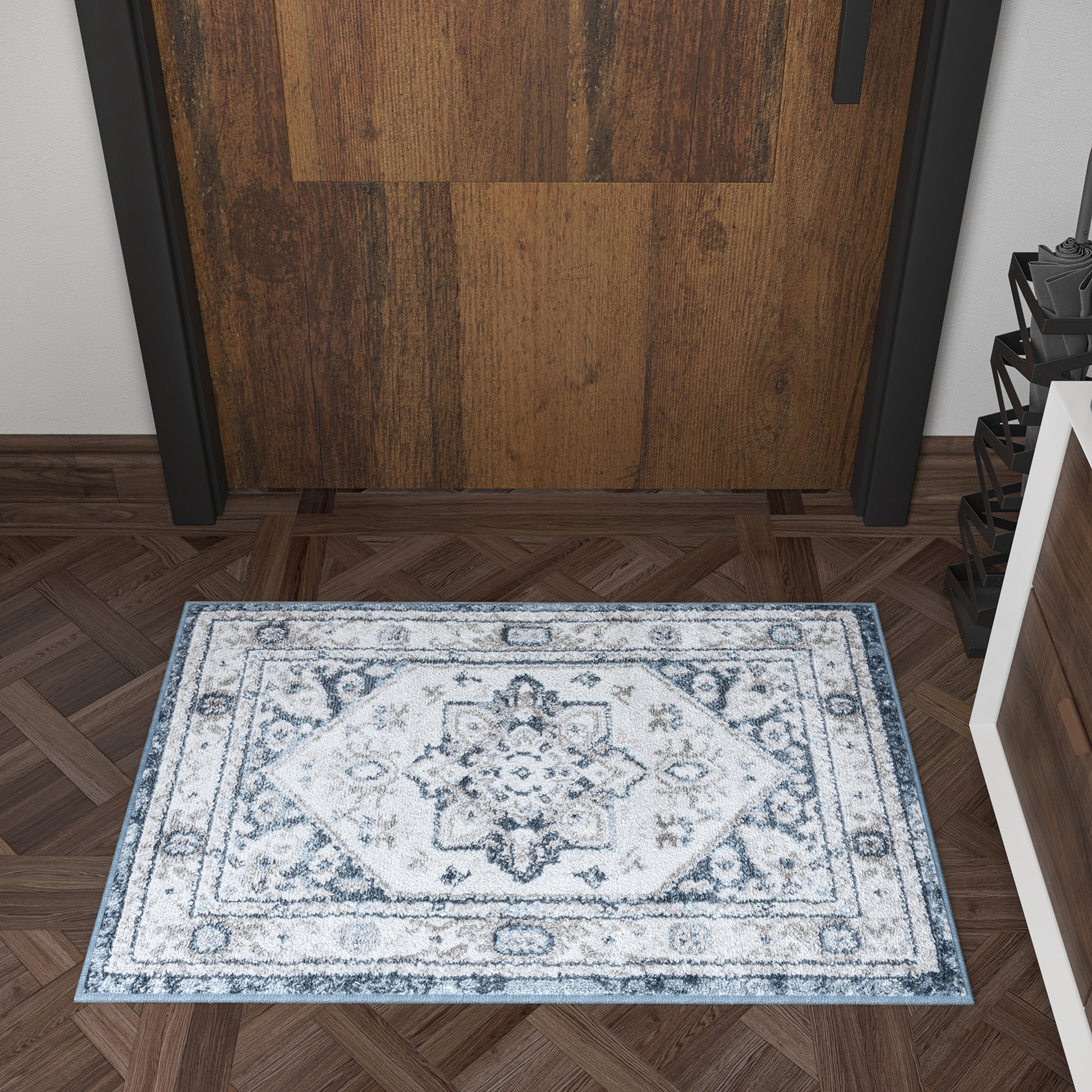 Traditional 2x3 Area Rug (2' x 3') Medallion White, Blue Indoor Scatter Easy to Clean