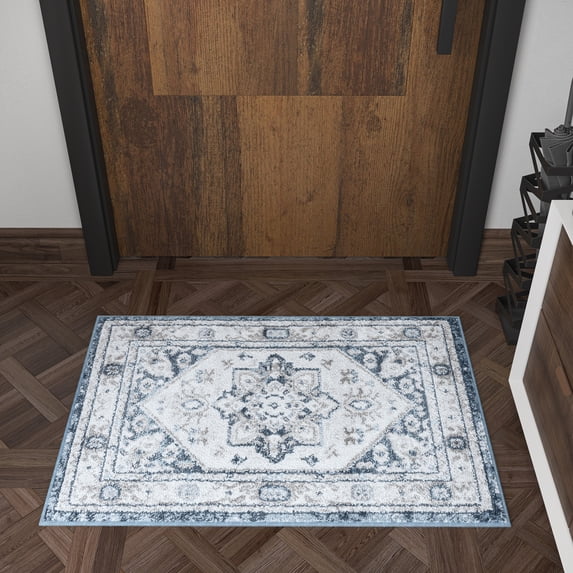 Traditional 2x3 Area Rug (2' x 3') Medallion White, Blue Indoor Scatter Easy to Clean