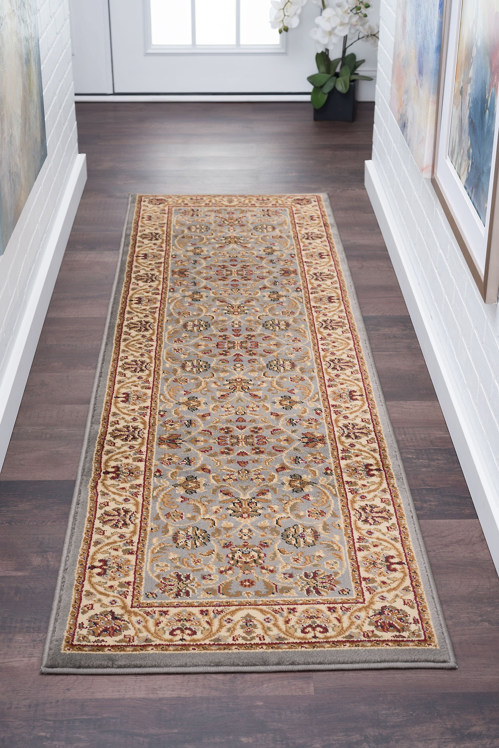 Traditional 2x8 Area Rug (2'3'' x 7'3'') Border Blue, Beige Indoor Runner Easy to Clean