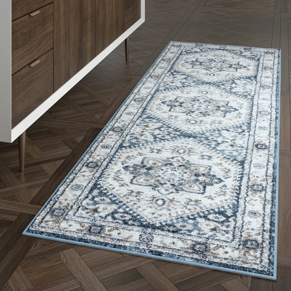Traditional 2x8 Area Rug (2'3'' x 7'3'') Medallion White, Blue Indoor Runner Easy to Clean