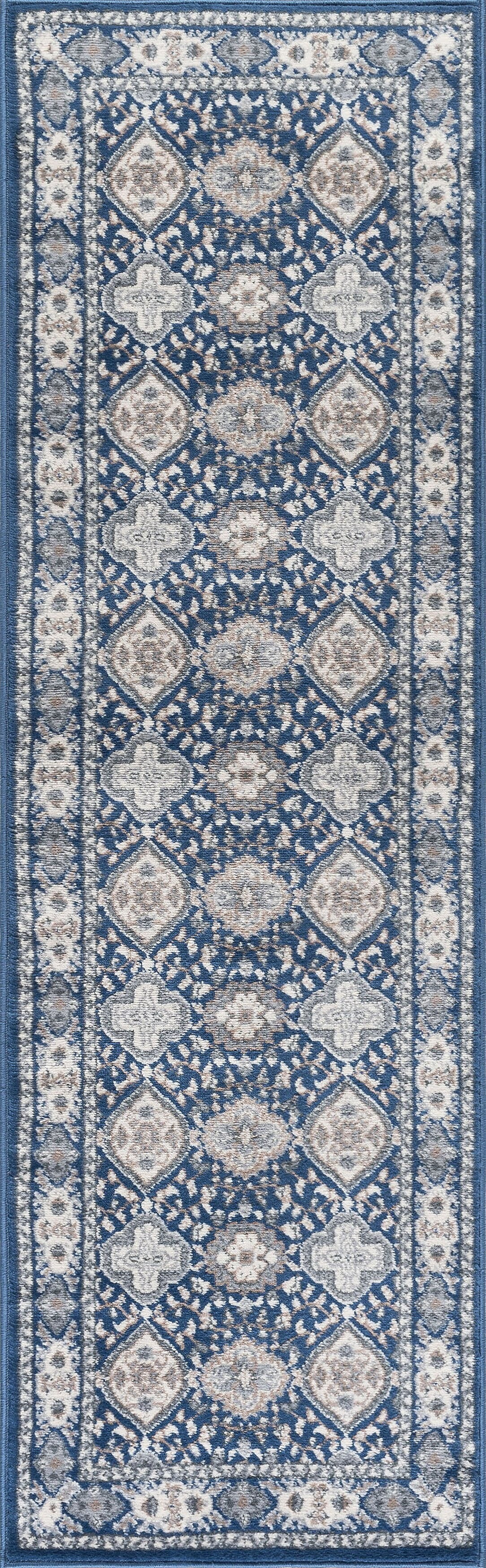 Traditional 2x8 Area Rug (2'3'' x 7'3'') Oriental Navy, Cream Indoor Runner Easy to Clean