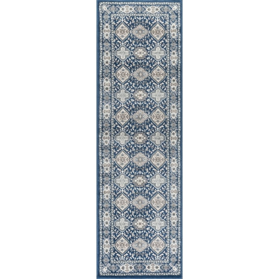 Traditional 2x8 Area Rug (2'3'' x 7'3'') Oriental Navy, Cream Indoor Runner Easy to Clean