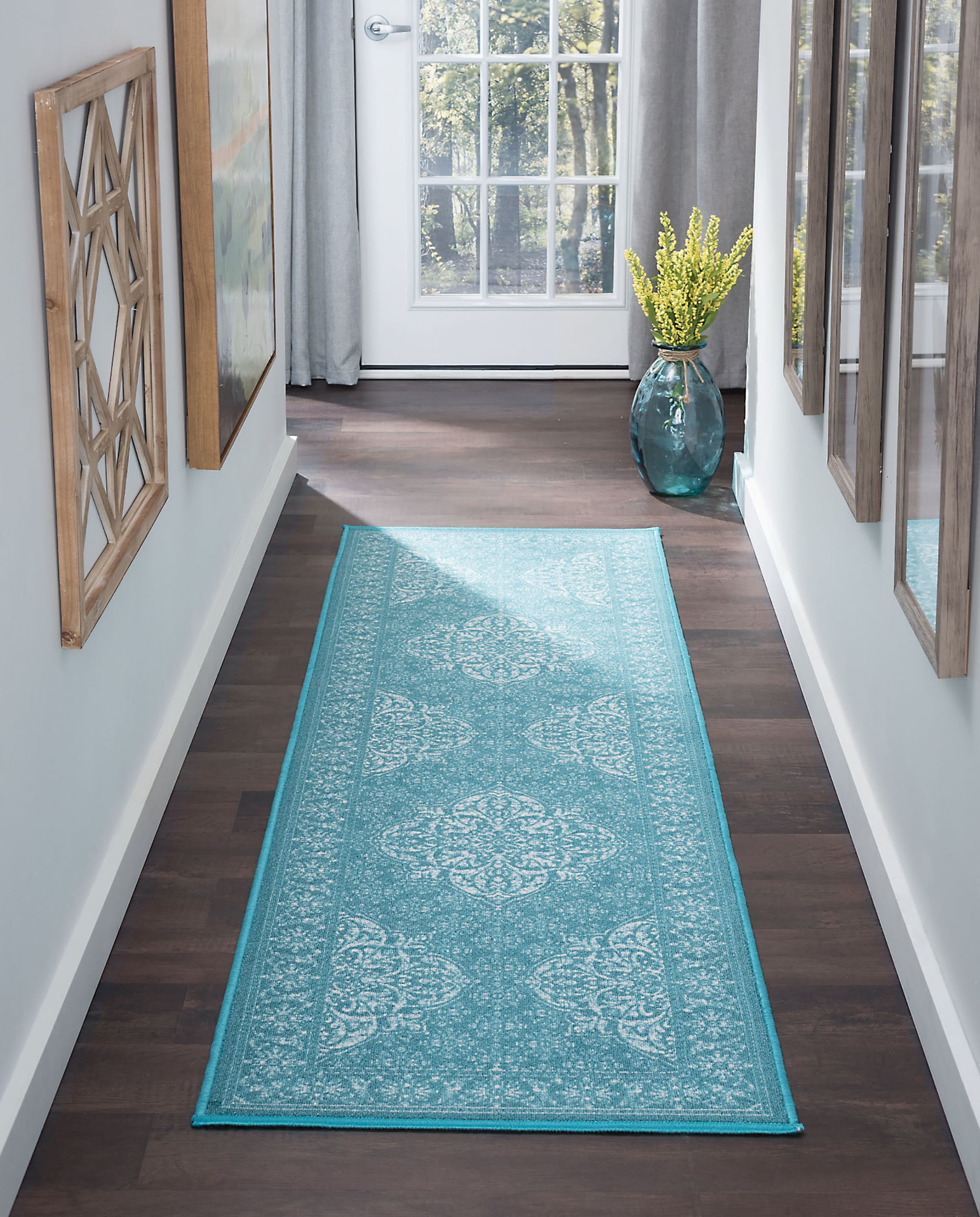 Traditional 2x8 Area Rug (2'3'' x 7'6'') Oriental Teal, White Indoor Runner Easy to Clean