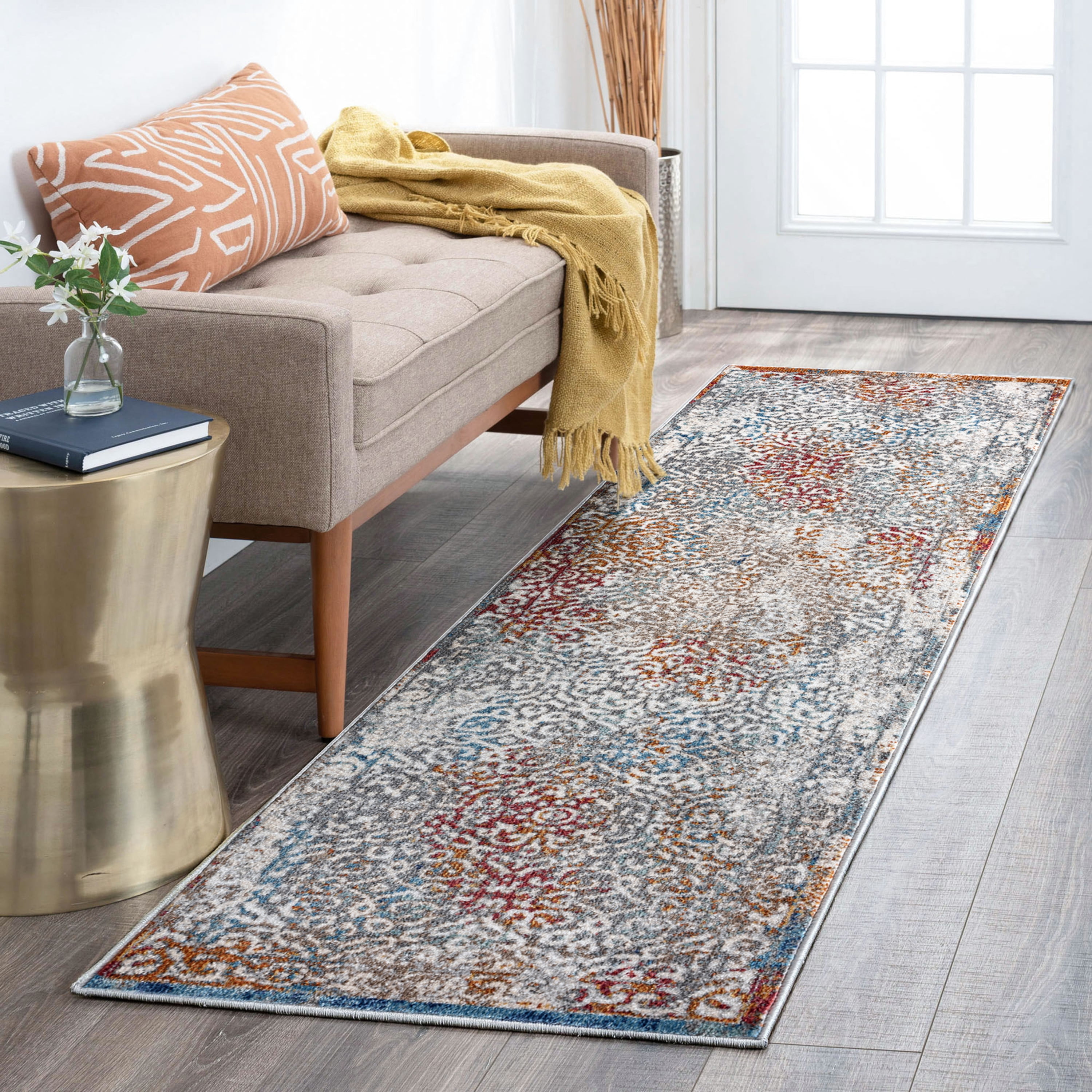Traditional 2x8 Area Rug (2'3'' x 7'7'') Floral Navy, Cream Indoor Runner Easy to Clean