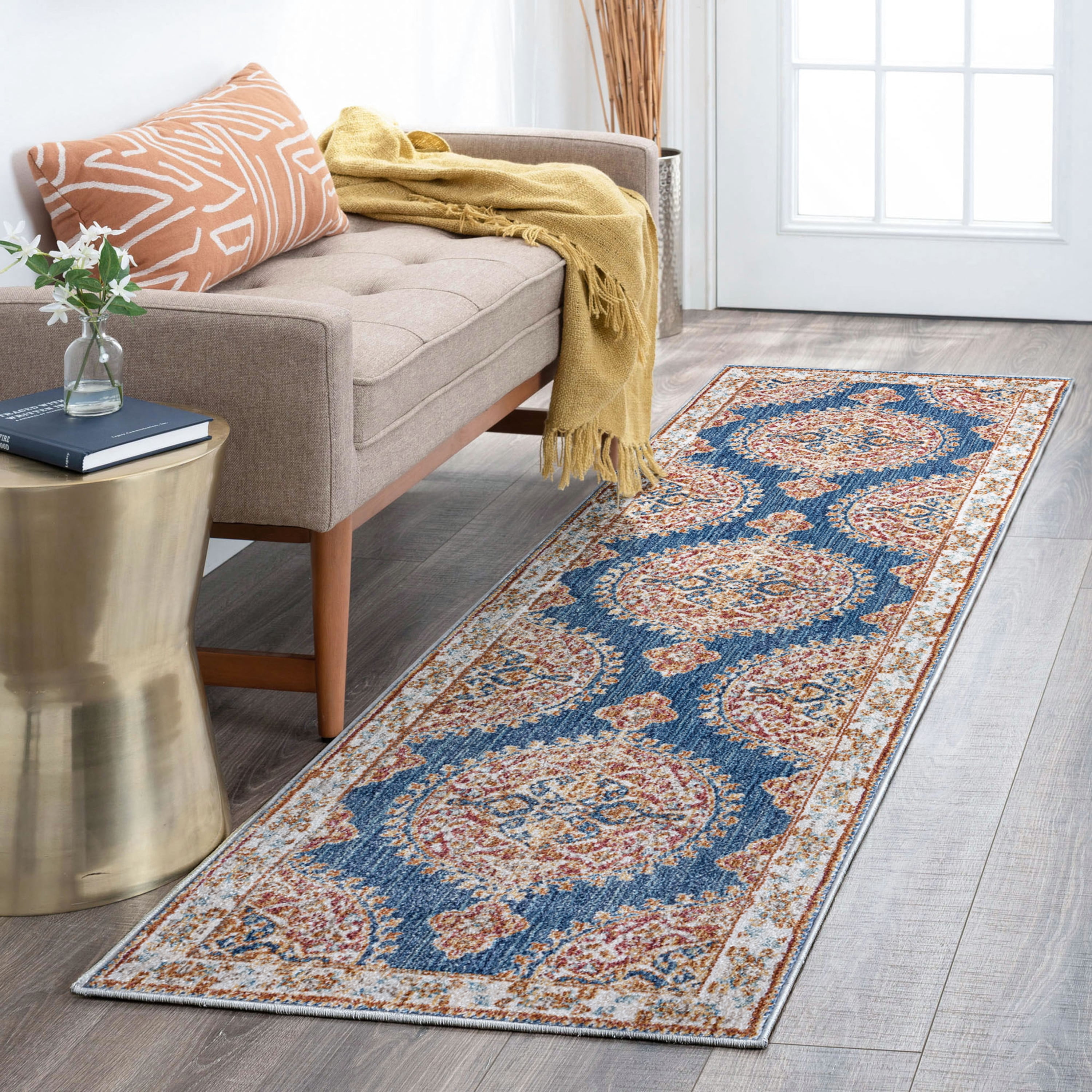 Traditional 2x8 Area Rug (2'3'' x 7'7'') Medallion Navy, Cream Indoor Runner Easy to Clean
