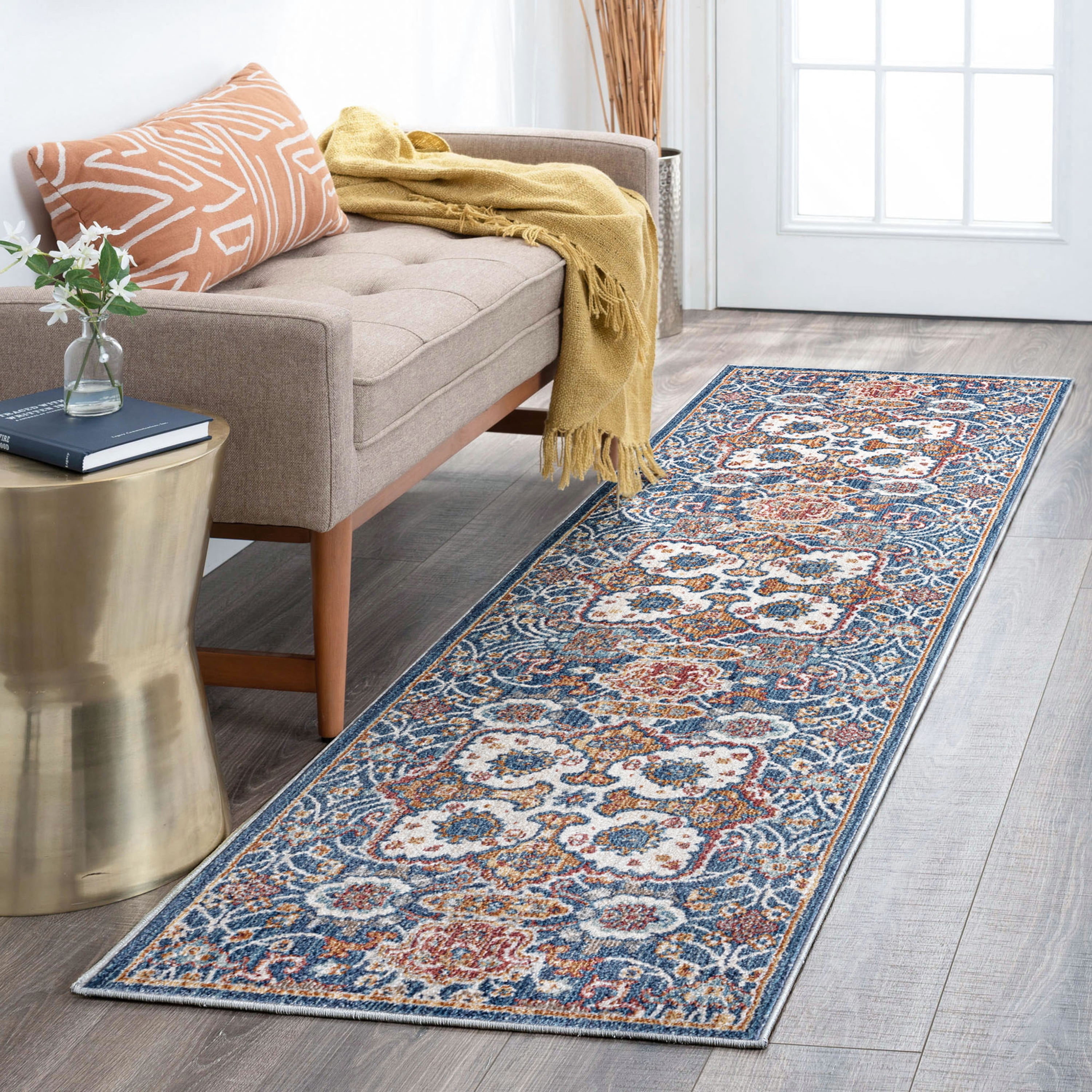 Traditional 2x8 Area Rug (2'3'' x 7'7'') Oriental Navy, Gold Indoor Runner Easy to Clean